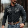 Men's Classic Retro Western Cowboy Style Embroidered Long Sleeve Denim Shirt 05541964K sold by Manly