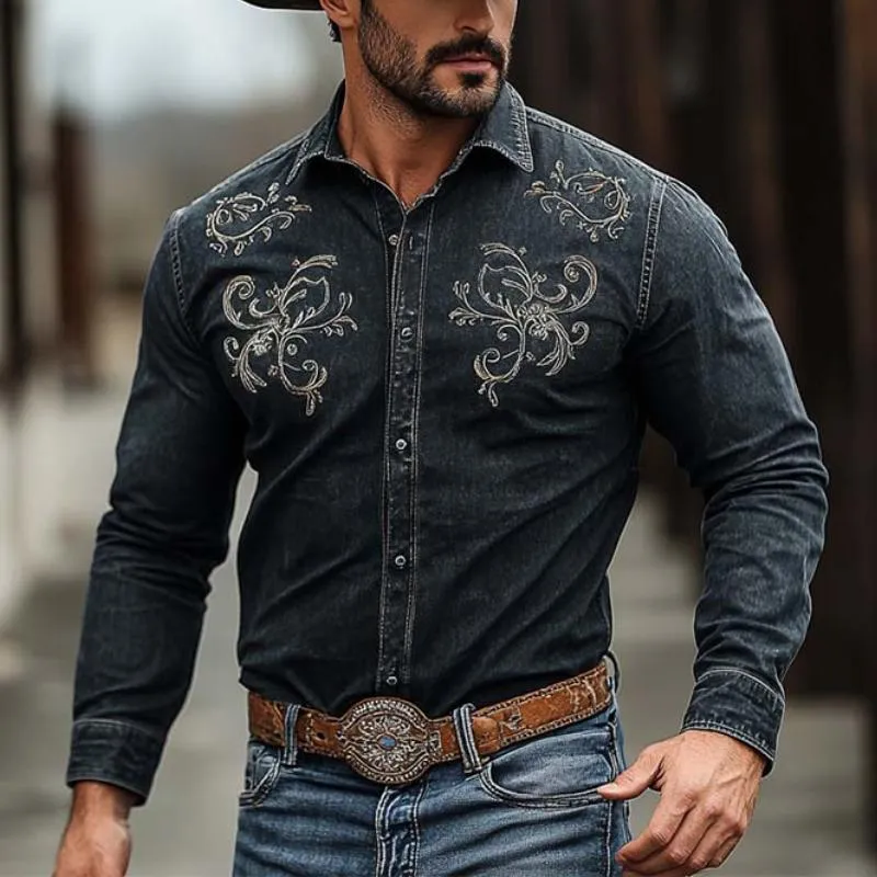Men's Classic Retro Western Cowboy Style Embroidered Long Sleeve Denim Shirt 05541964K sold by Manly product image thumbnail 2