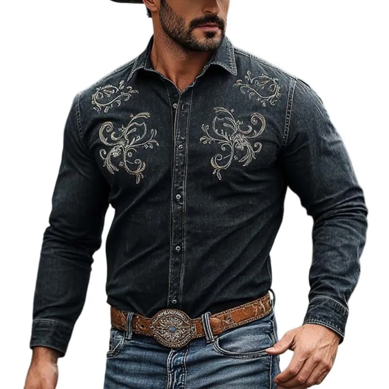 Men's Classic Retro Western Cowboy Style Embroidered Long Sleeve Denim Shirt 05541964K sold by Manly