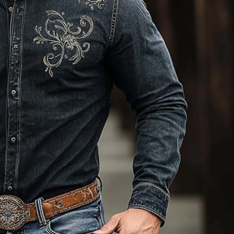 Men's Classic Retro Western Cowboy Style Embroidered Long Sleeve Denim Shirt 05541964K sold by Manly product image thumbnail 5