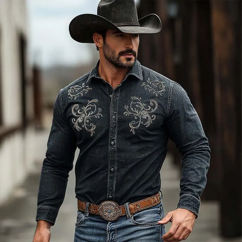 Men's Classic Retro Western Cowboy Style Embroidered Long Sleeve Denim Shirt 05541964K sold by Manly product image thumbnail 3