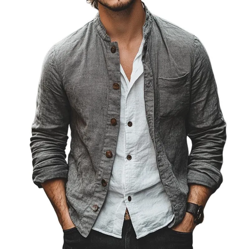 Men's Retro Casual Linen Pocket Stand Collar Shirt 20612725TO sold by Manly