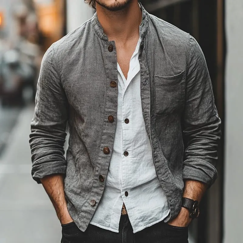 Men's Retro Casual Linen Pocket Stand Collar Shirt 20612725TO sold by Manly product image thumbnail 2