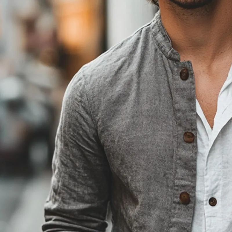 Men's Retro Casual Linen Pocket Stand Collar Shirt 20612725TO sold by Manly product image thumbnail 3