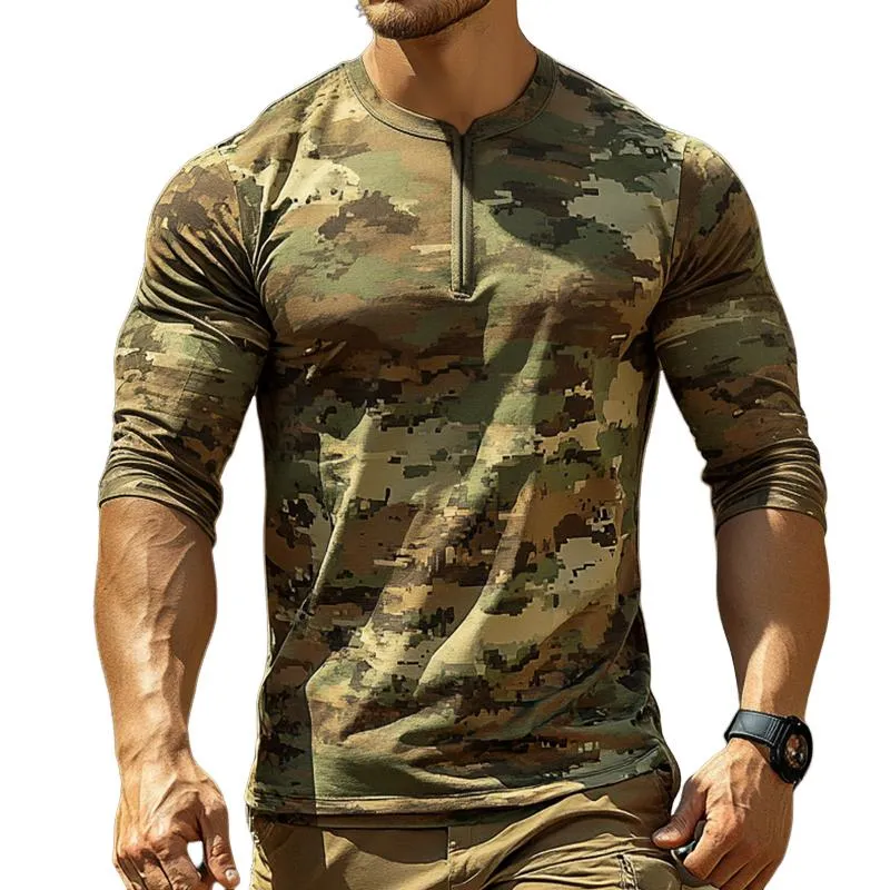 Men's Retro Casual Camouflage Print Zipper Neck Long Sleeve T-Shirt 45113672TO sold by Manly