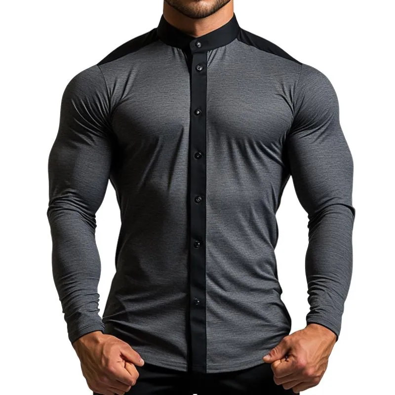 Men's Retro Casual Stitching Stand Collar Long Sleeve Shirt 06025399TO sold by Manly