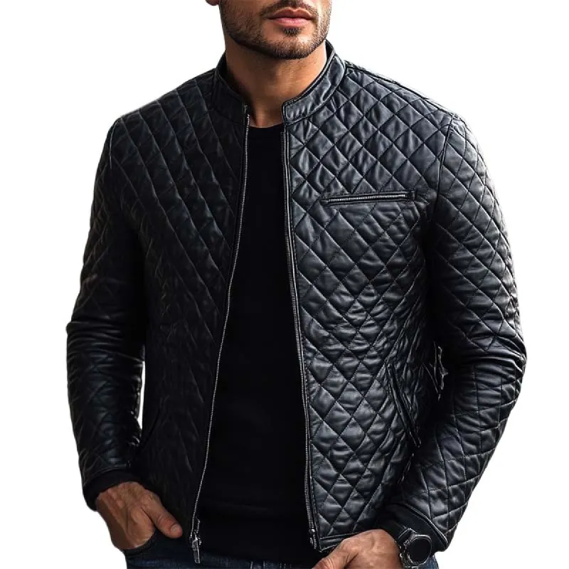 Men's Fashion Casual Diamond Quilted Slim Fit Leather Jacket 51184456K sold by Manly