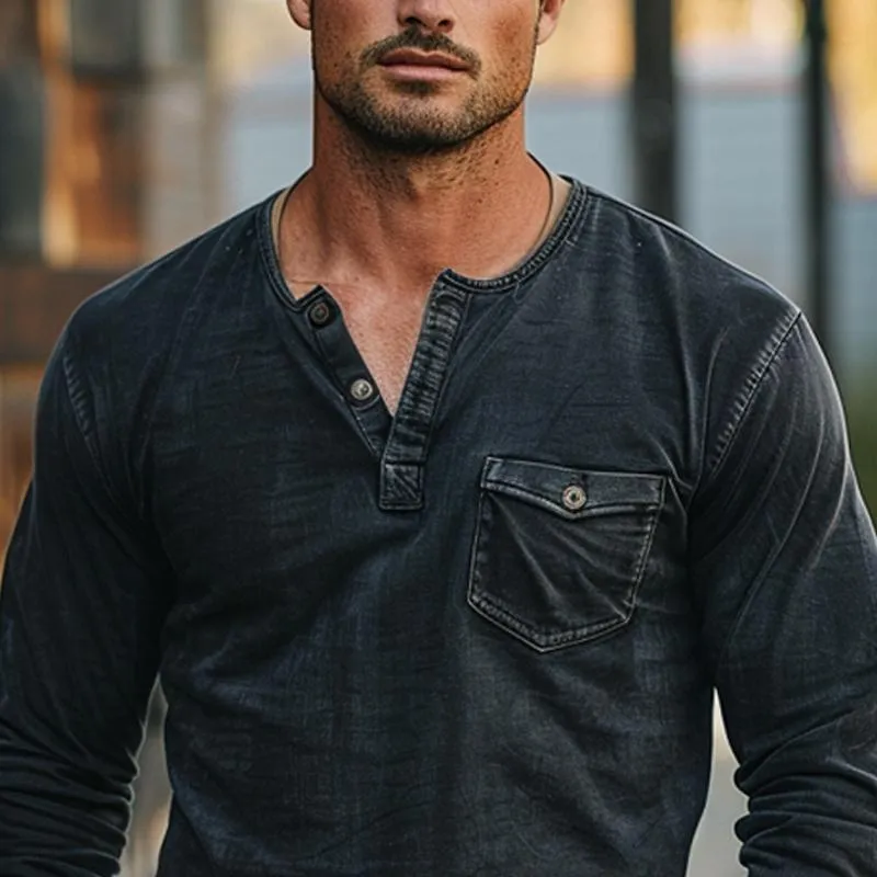 Men's Vintage Distressed Henley Collar Long Sleeve T-Shirt 88474232X sold by Manly product image thumbnail 3