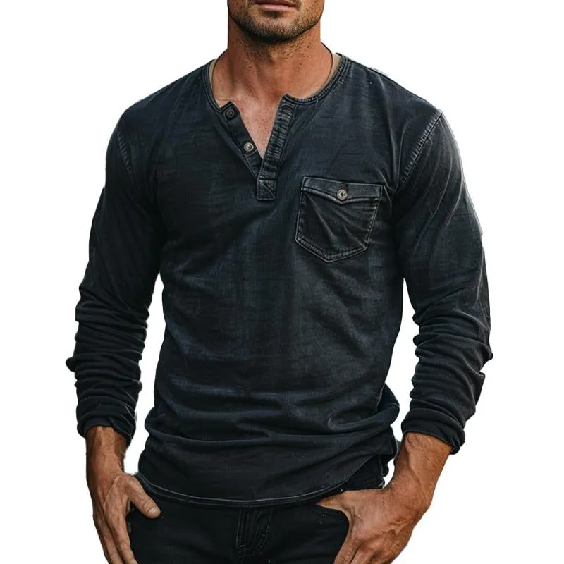 Men's Vintage Distressed Henley Collar Long Sleeve T-Shirt 88474232X sold by Manly