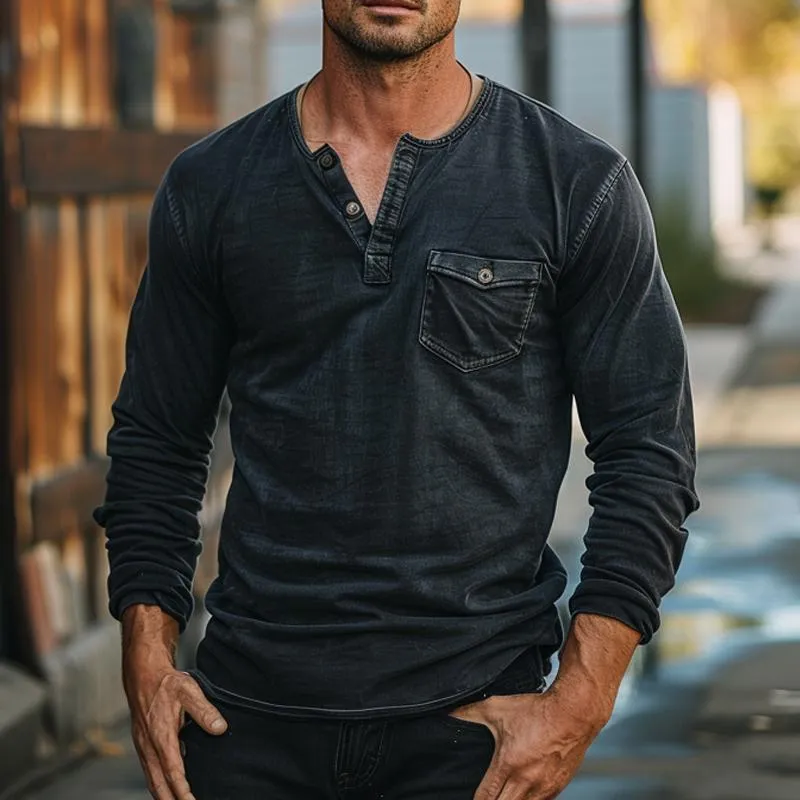 Men's Vintage Distressed Henley Collar Long Sleeve T-Shirt 88474232X sold by Manly product image thumbnail 2