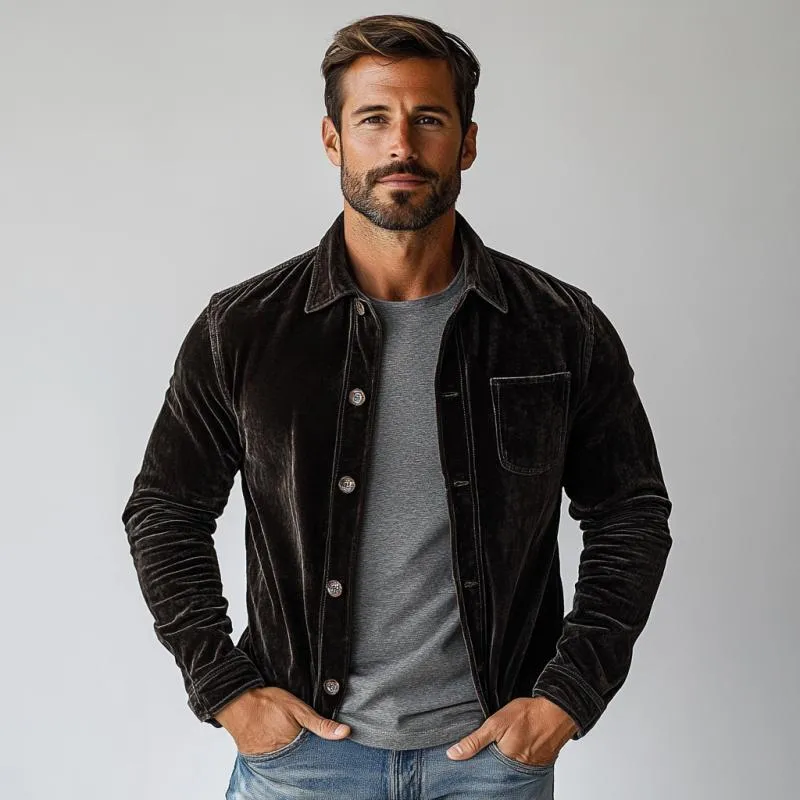 Men's Vintage Velvet Chest Pocket Single Breasted Long Sleeve Shirt 25093059Y sold by Manly product image thumbnail 3