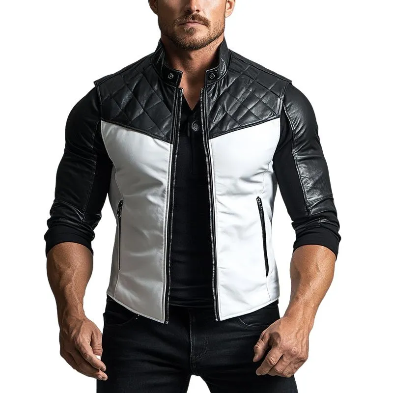 Men's Vintage Motorcycle Colorblock Zipper Stand Collar Leather Vest 29251738Y sold by Manly