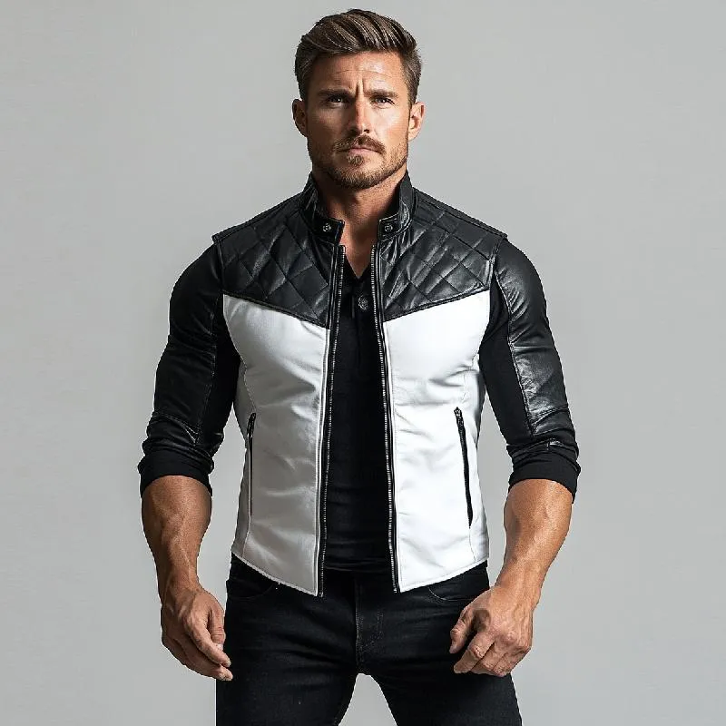 Men's Vintage Motorcycle Colorblock Zipper Stand Collar Leather Vest 29251738Y sold by Manly product image thumbnail 3