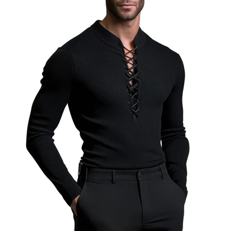 Men's Casual Solid Color Ribbed Neck Tie Slim Fit Long Sleeve T-shirt 25203773Y sold by Manly