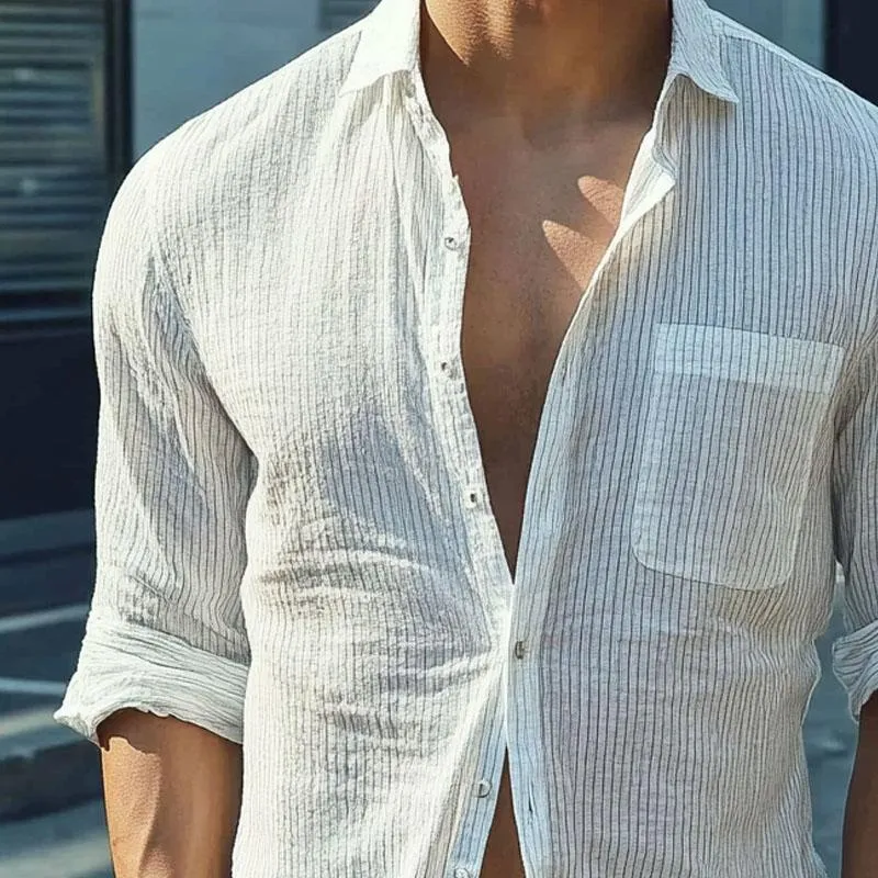 Men's Cotton and Linen Striped Lapel Long-sleeved Shirt 34151076X sold by Manly product image thumbnail 3