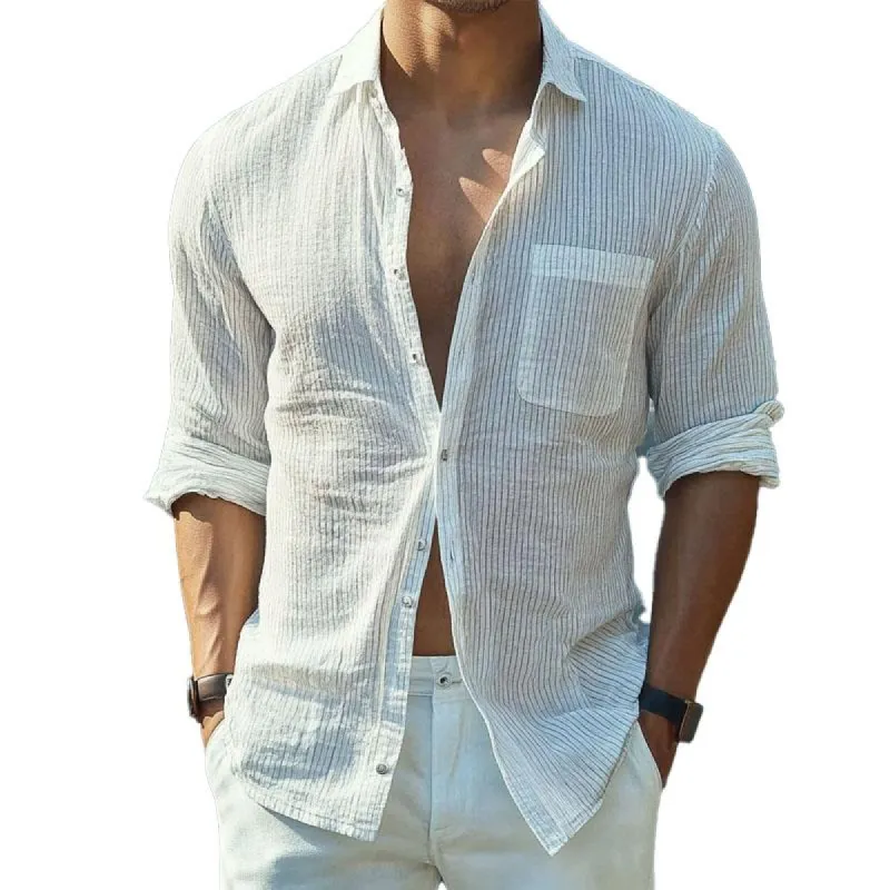 Men's Cotton and Linen Striped Lapel Long-sleeved Shirt 34151076X sold by Manly