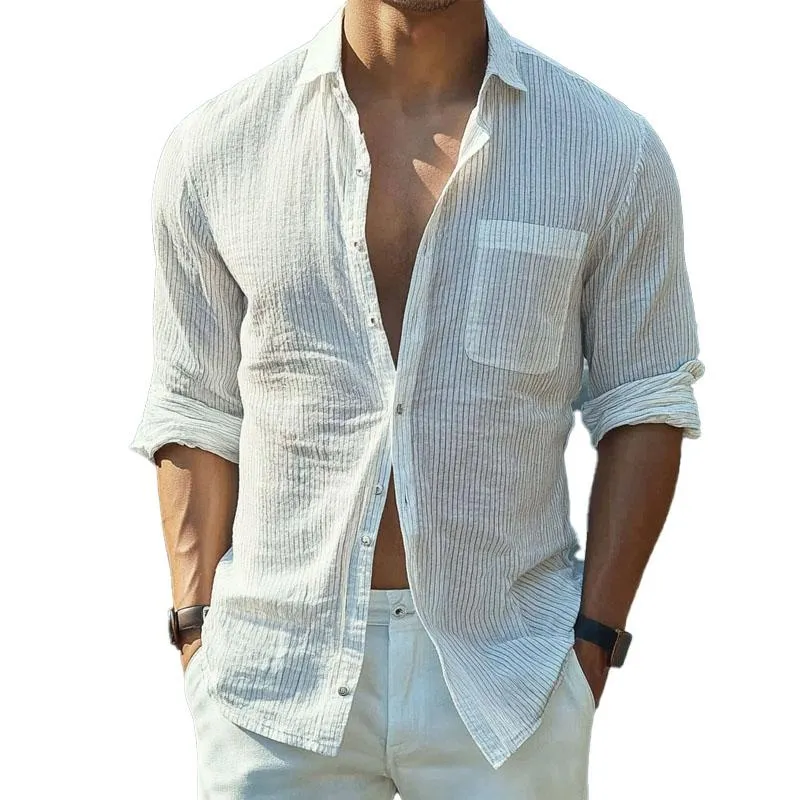 Men's Cotton and Linen Striped Lapel Long-sleeved Shirt 34151076X sold by Manly