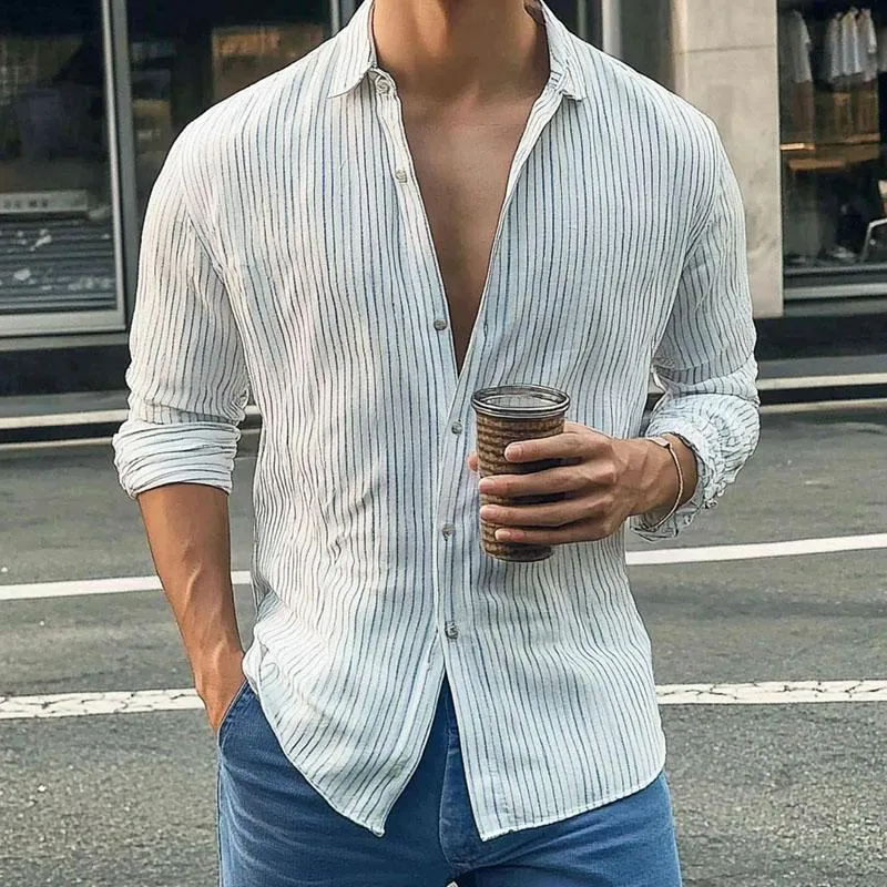 Men's Resort Stripe Lapel Long Sleeve Shirt 18313150X sold by Manly product image thumbnail 2