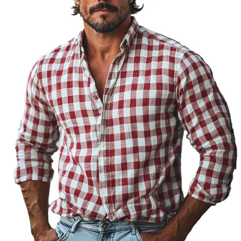 Men's Cotton and Linen Check Print Lapel Long Sleeve Shirt 15776742X sold by Manly