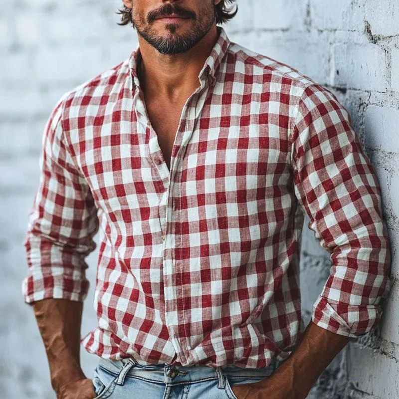 Men's Cotton and Linen Check Print Lapel Long Sleeve Shirt 15776742X sold by Manly product image thumbnail 2