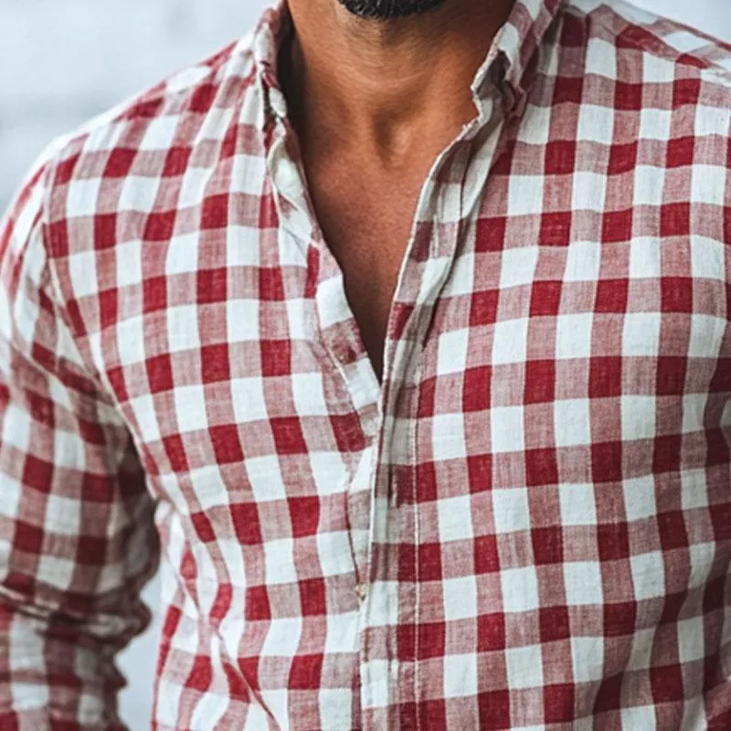 Men's Cotton and Linen Check Print Lapel Long Sleeve Shirt 15776742X sold by Manly product image thumbnail 4