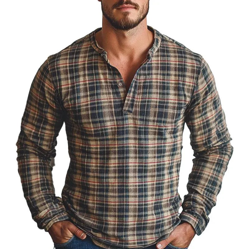 Men's Cotton and Linen Check Print Long Sleeve Shirt 92409177X sold by Manly