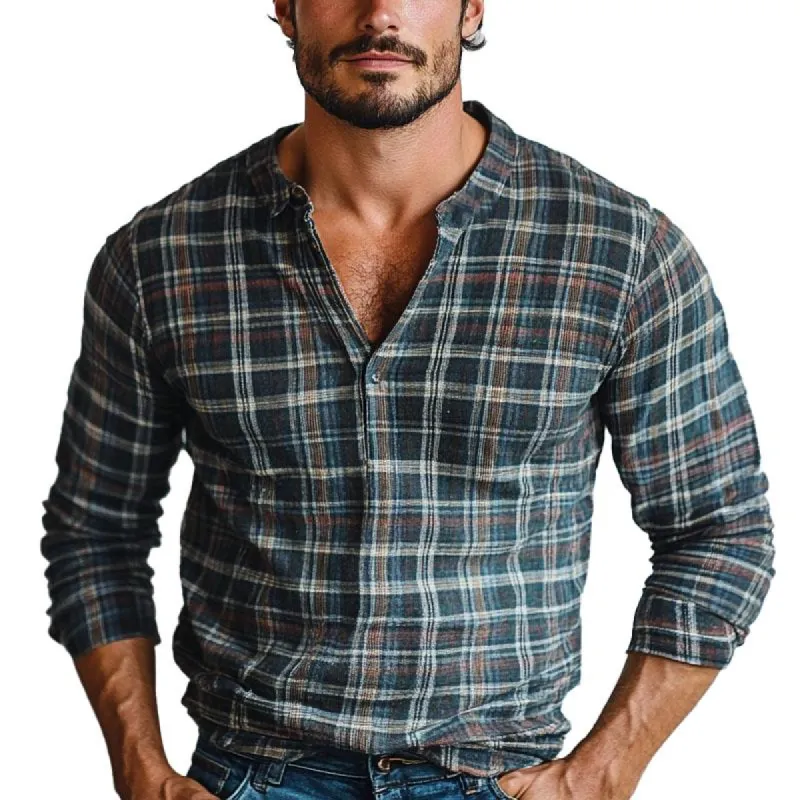 Men's Casual Check Pullover Henley Collar Long Sleeve Shirt 92317704X sold by Manly