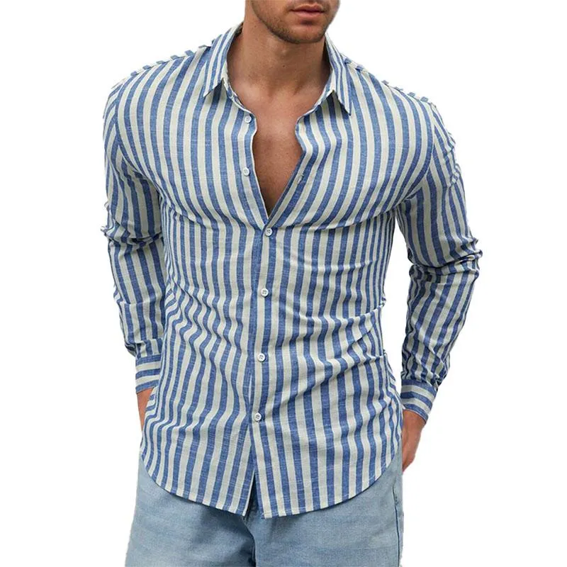 Men's Cotton and Linen Striped Lapel Long-sleeved Shirt 10240981X sold by Manly