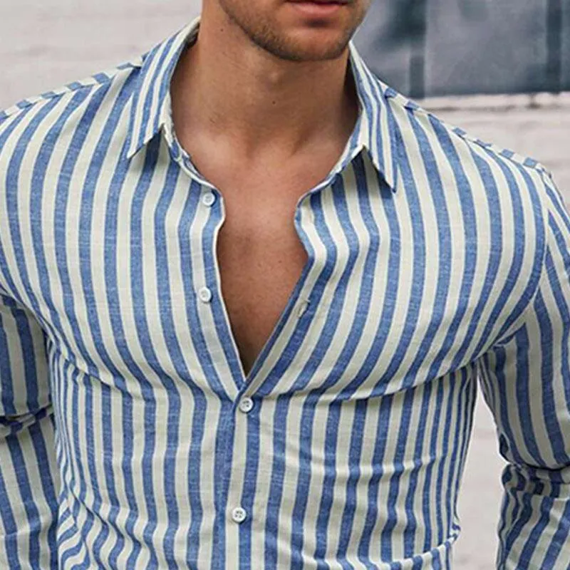 Men's Cotton and Linen Striped Lapel Long-sleeved Shirt 10240981X sold by Manly product image thumbnail 3