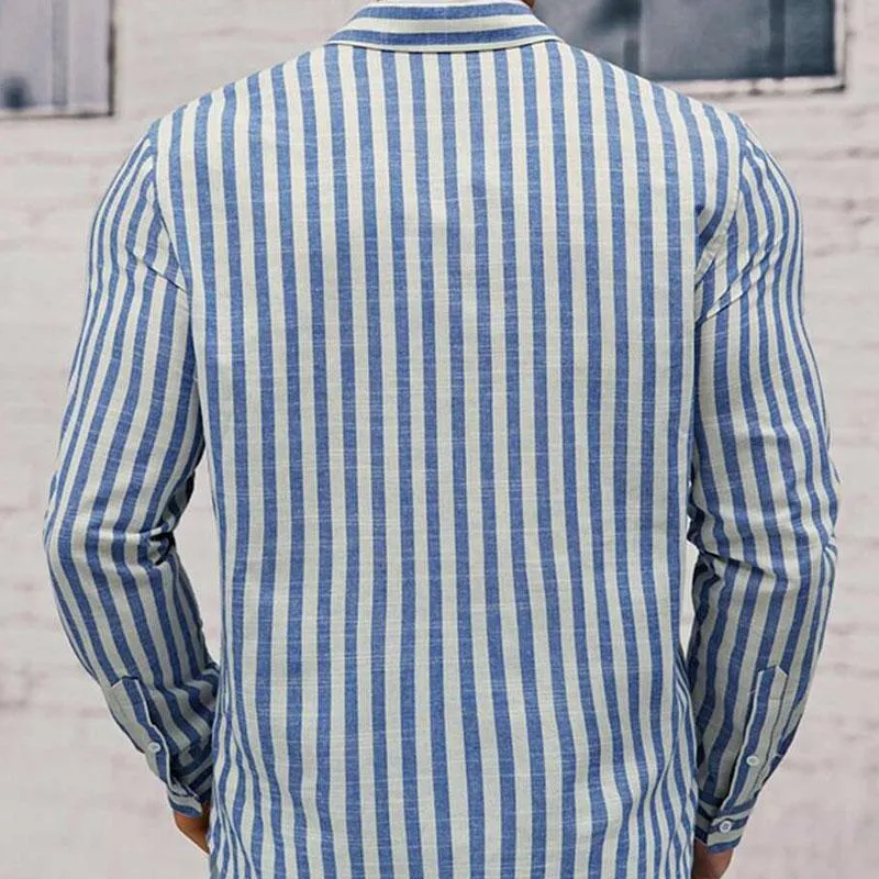 Men's Cotton and Linen Striped Lapel Long-sleeved Shirt 10240981X sold by Manly product image thumbnail 2