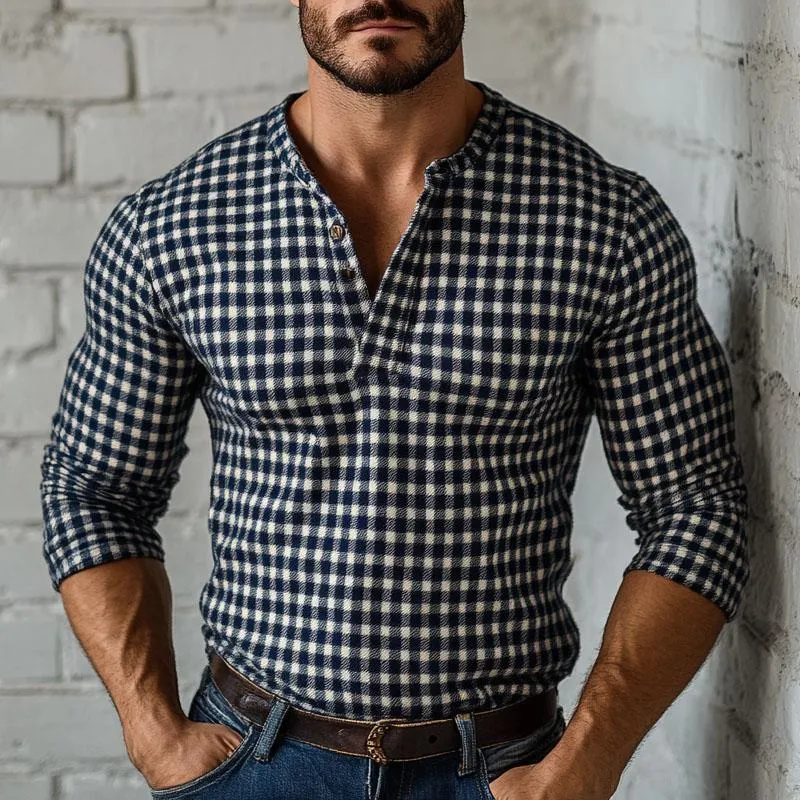 Men's Casual Plaid Henley Neck Long Sleeve T-Shirt 07008053X sold by Manly product image thumbnail 2
