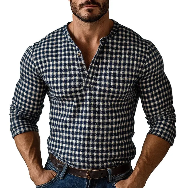 Men's Casual Plaid Henley Neck Long Sleeve T-Shirt 07008053X sold by Manly