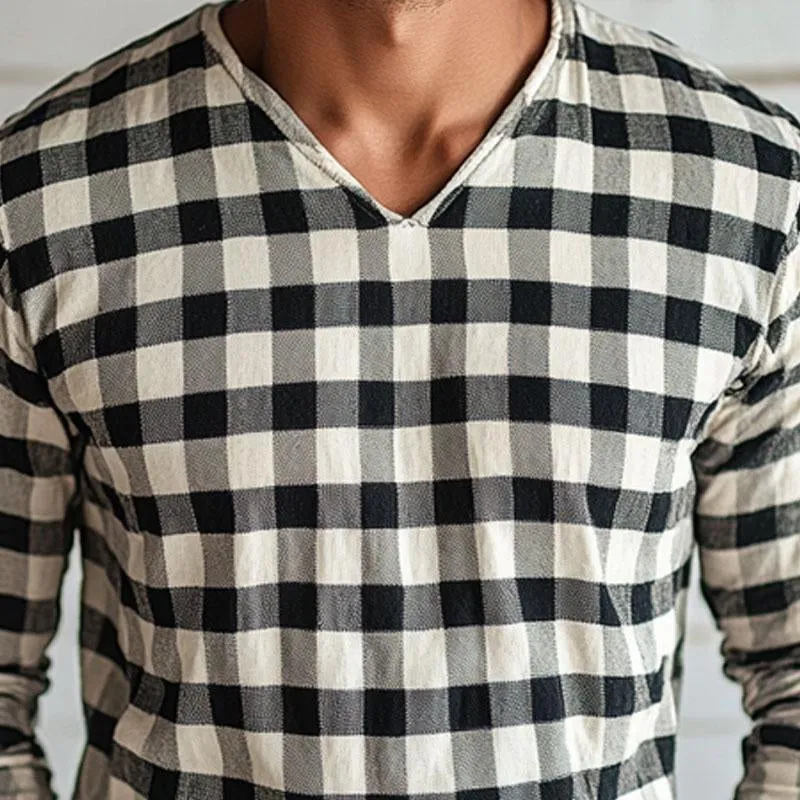 Men's Cotton and Linen V-neck Plaid Long-sleeved T-shirt 90531915X sold by Manly product image thumbnail 3