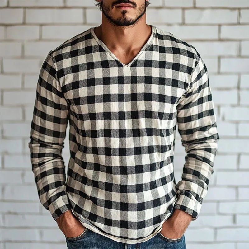 Men's Cotton and Linen V-neck Plaid Long-sleeved T-shirt 90531915X sold by Manly product image thumbnail 2