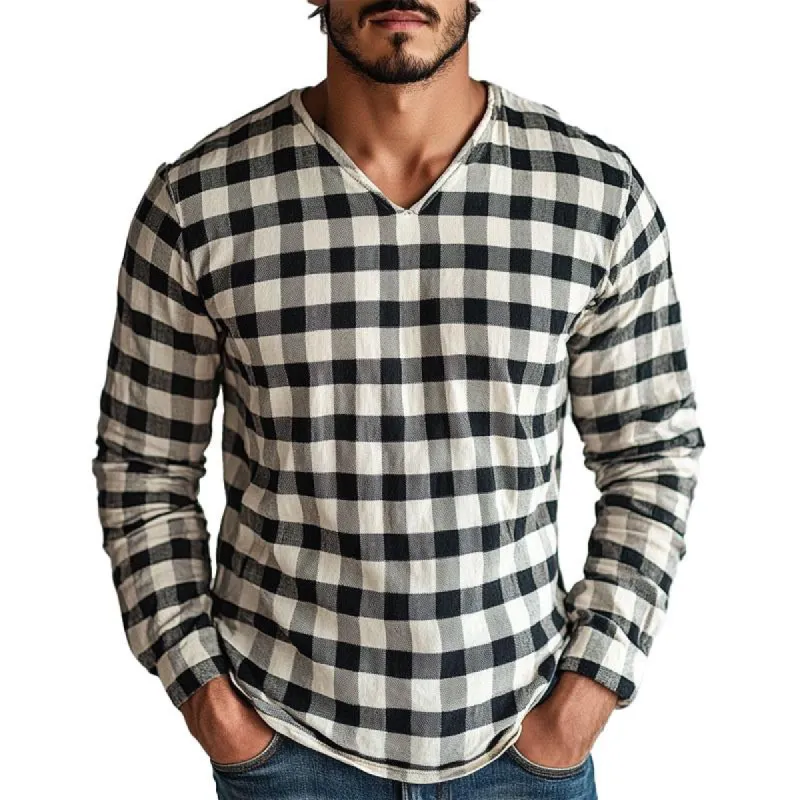 Men's Cotton and Linen V-neck Plaid Long-sleeved T-shirt 90531915X sold by Manly