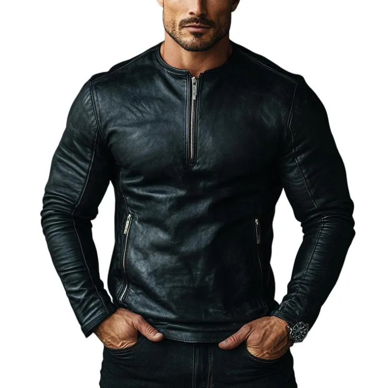 Men's Fashion Slim Fit Half Zip Crew Neck Long Sleeve Leather Shirt 79061614Y sold by Manly