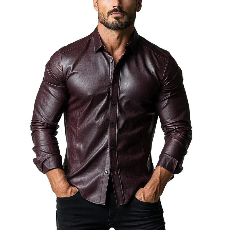 Men's Fashion Solid Color Lapel Slim Fit Long Sleeve Leather Shirt 82672488Y sold by Manly