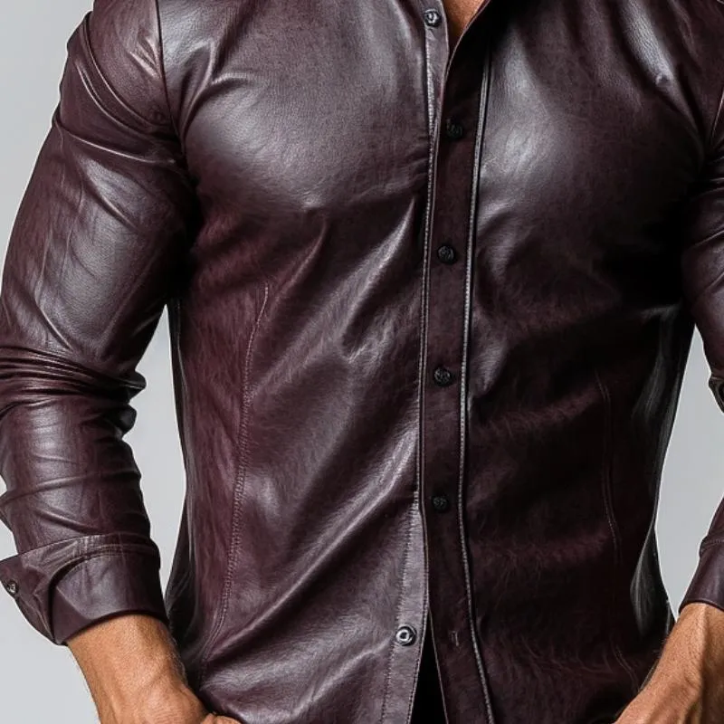 Men's Fashion Solid Color Lapel Slim Fit Long Sleeve Leather Shirt 82672488Y sold by Manly product image thumbnail 2