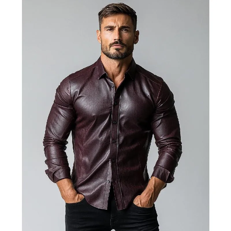 Men's Fashion Solid Color Lapel Slim Fit Long Sleeve Leather Shirt 82672488Y sold by Manly product image thumbnail 3