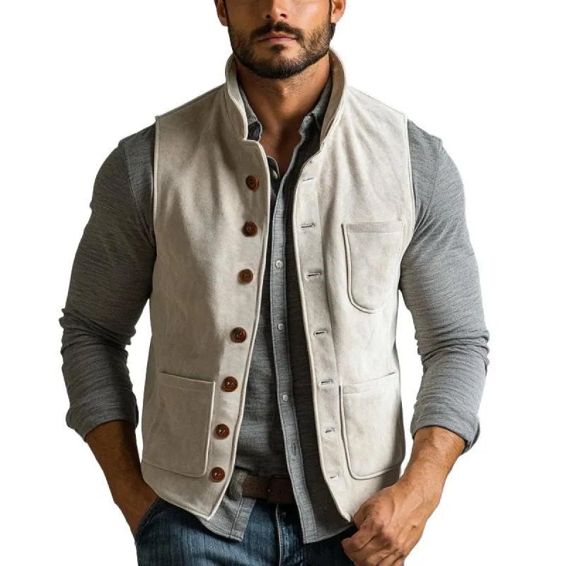 Men's Vintage Suede Multi-Pocket Single Breasted Vest 38578345Y sold by Manly