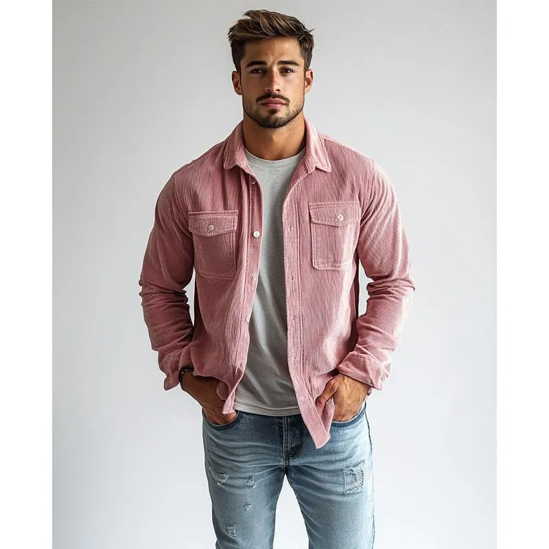 Men's Fashion Corduroy Lapel Double Chest Pockets Long Sleeve Shirt 68034131Y sold by Manly product image thumbnail 3