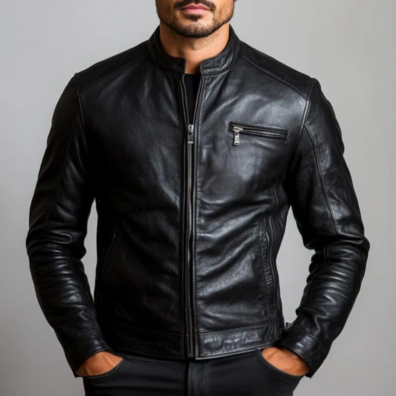 Men's Classic Stand Collar Leather Jacket 33085559F sold by Manly product image thumbnail 2