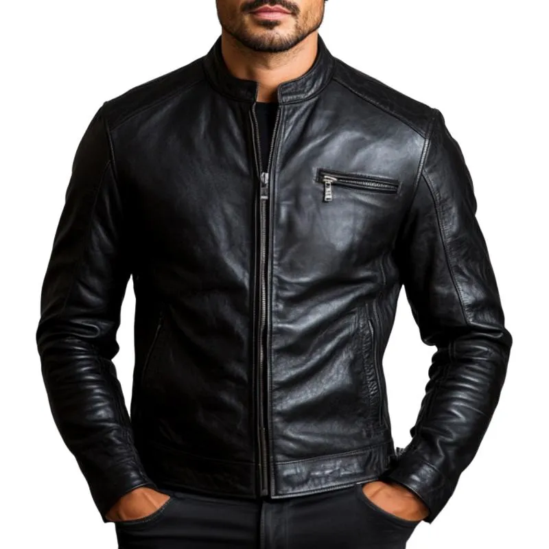 Men's Classic Stand Collar Leather Jacket 33085559F sold by Manly