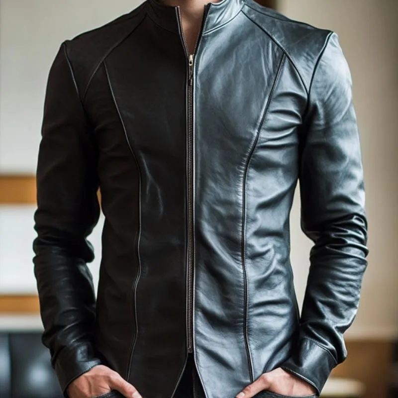 Men's Slim-fit Stand Collar Zip-up Leather Jacket 92007897F sold by Manly product image thumbnail 3