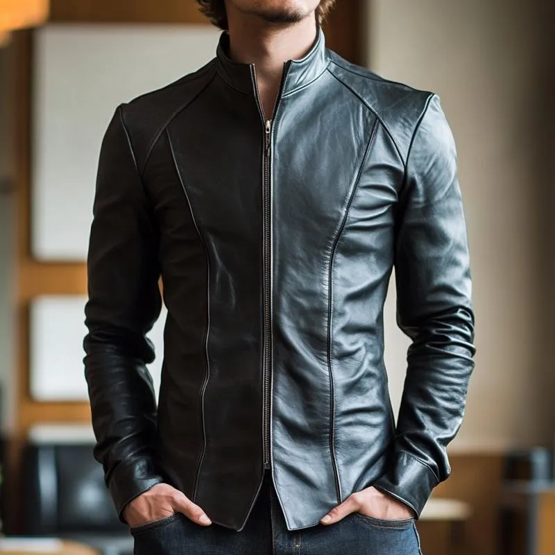 Men's Slim-fit Stand Collar Zip-up Leather Jacket 92007897F sold by Manly product image thumbnail 2