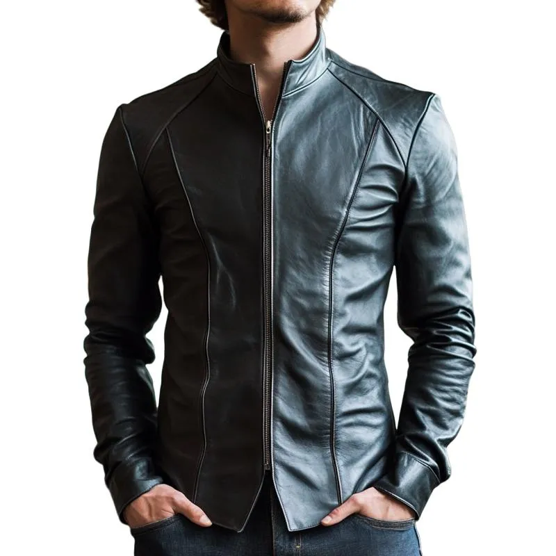 Men's Slim-fit Stand Collar Zip-up Leather Jacket 92007897F sold by Manly