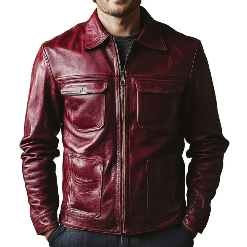Men's Multi-Pocket Burgundy Lapel Leather Jacket 15524623F sold by Manly