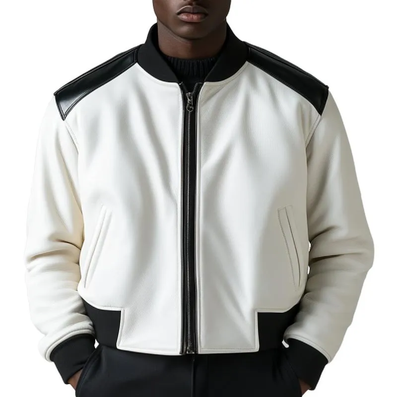 Men's Stylish Colorblock Leather Baseball Jacket 40504571F sold by Manly