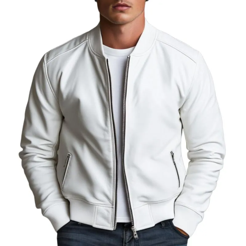 Men's All-match Solid Color Leather Baseball Jacket 97889381F sold by Manly