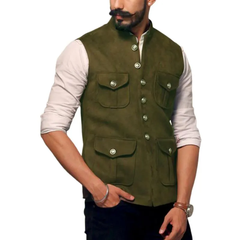 Men's Army Green Suede Stand Collar Vest 97888335U sold by Manly